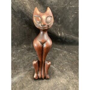 Vintage Mid Century Modern Siamese Cat Carved Teak Wood Statue  6.25 in Tall
